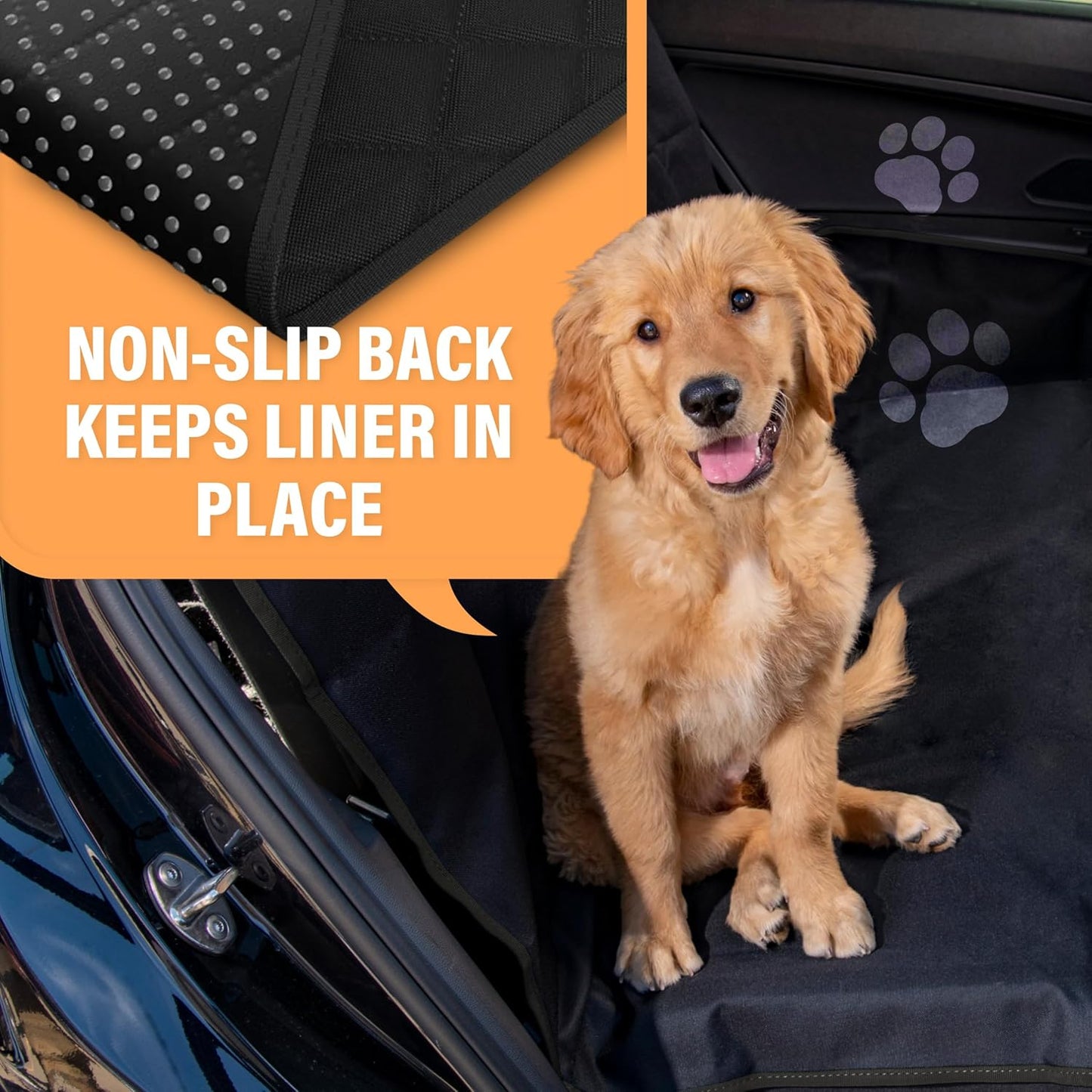 XL Waterproof Hammock Large Car Seat Cover, Fits Suvs Trucks Big Sedans, Secure Convertible Travel Bed Protects Backseat Cargo from Dog Puppy Pet Water Food Drool Urine, Black Orange Trim