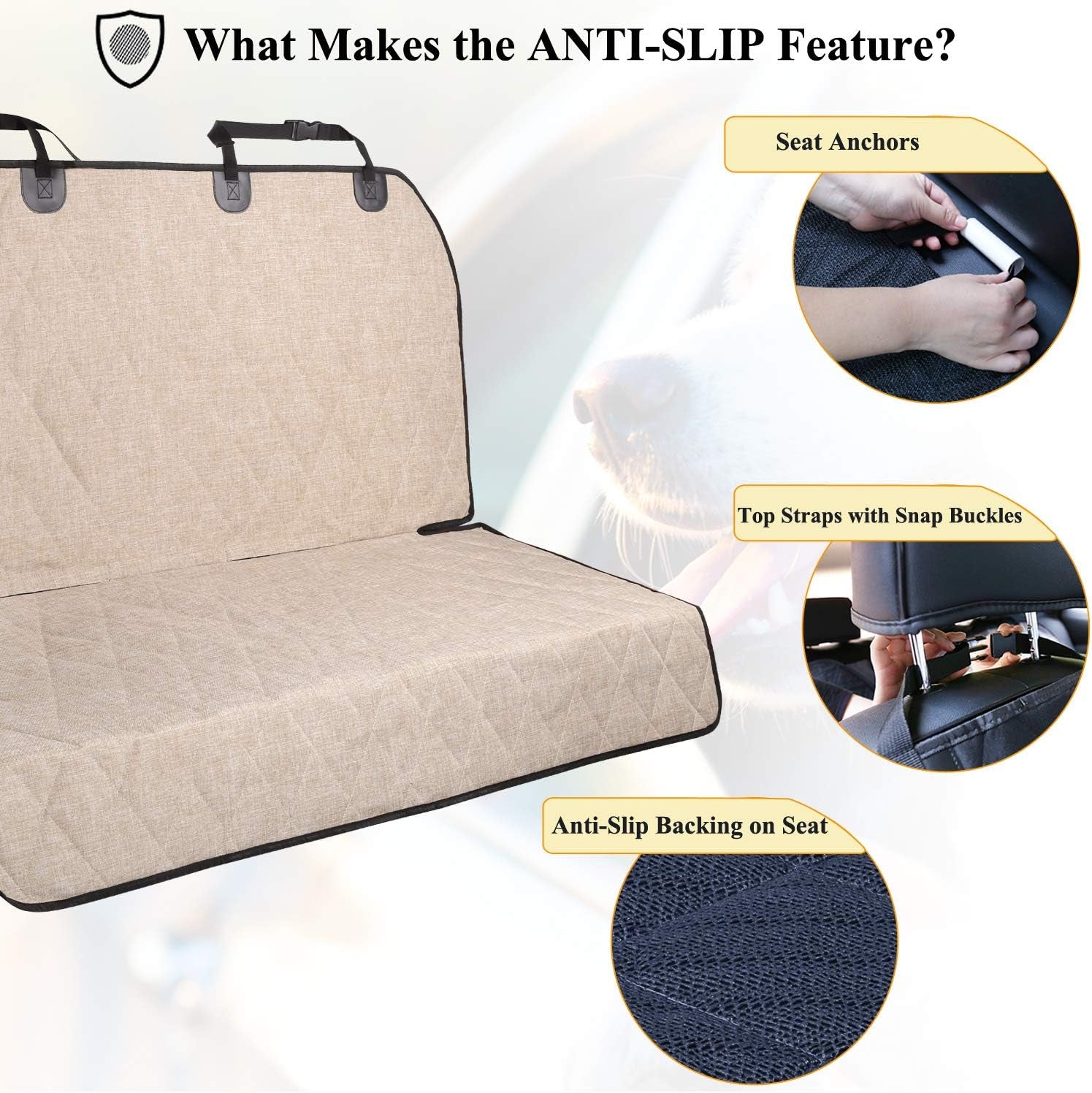 Premium Dog Seat Cover - Protect Your Car with Stylish Heather Khaki Backseat Cover for Dogs - Anti-Slip, Easy to Clean, Universal Fit, 46" L x 52" W